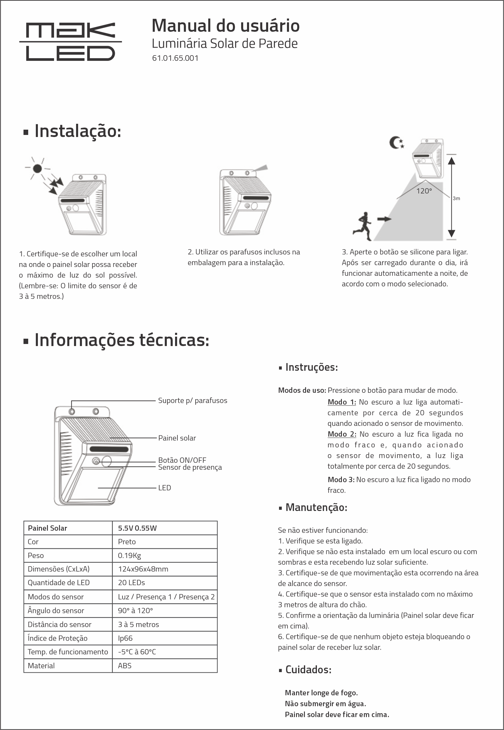 Luminária de Parede | 1W | Fotovoltaica | MakLed - Imagem 2