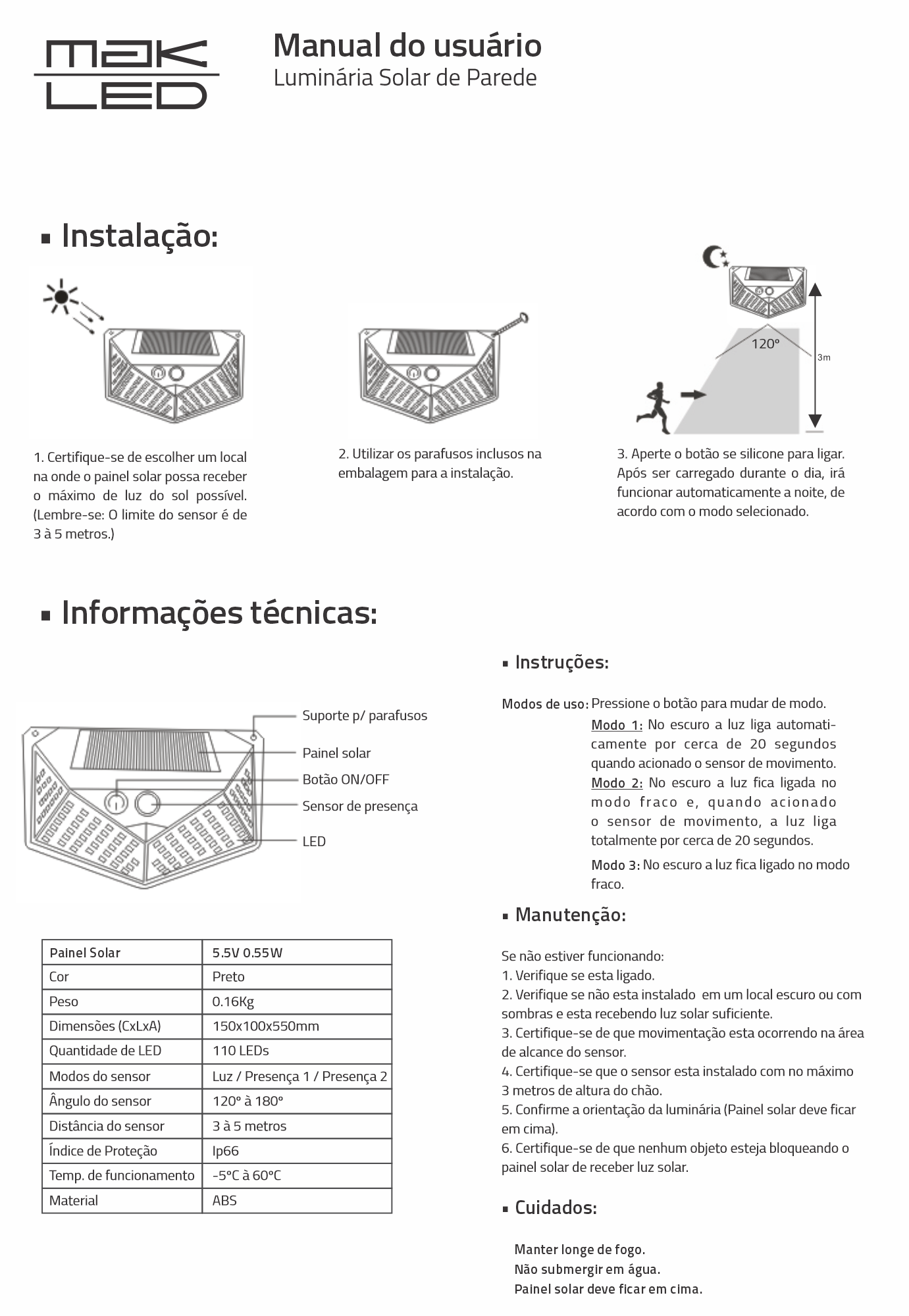 Luminária de Parede | 2W | Fotovoltaica | MakLed - Imagem 2